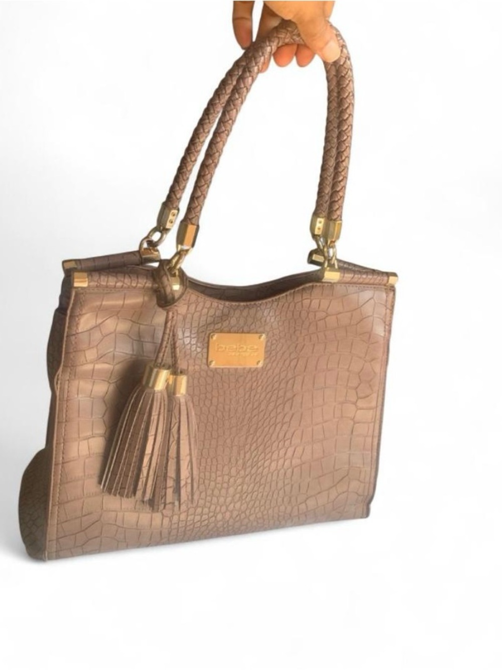 Bebe Natalie Croco Shopper Handbag tan brown y2k satchel faux leather